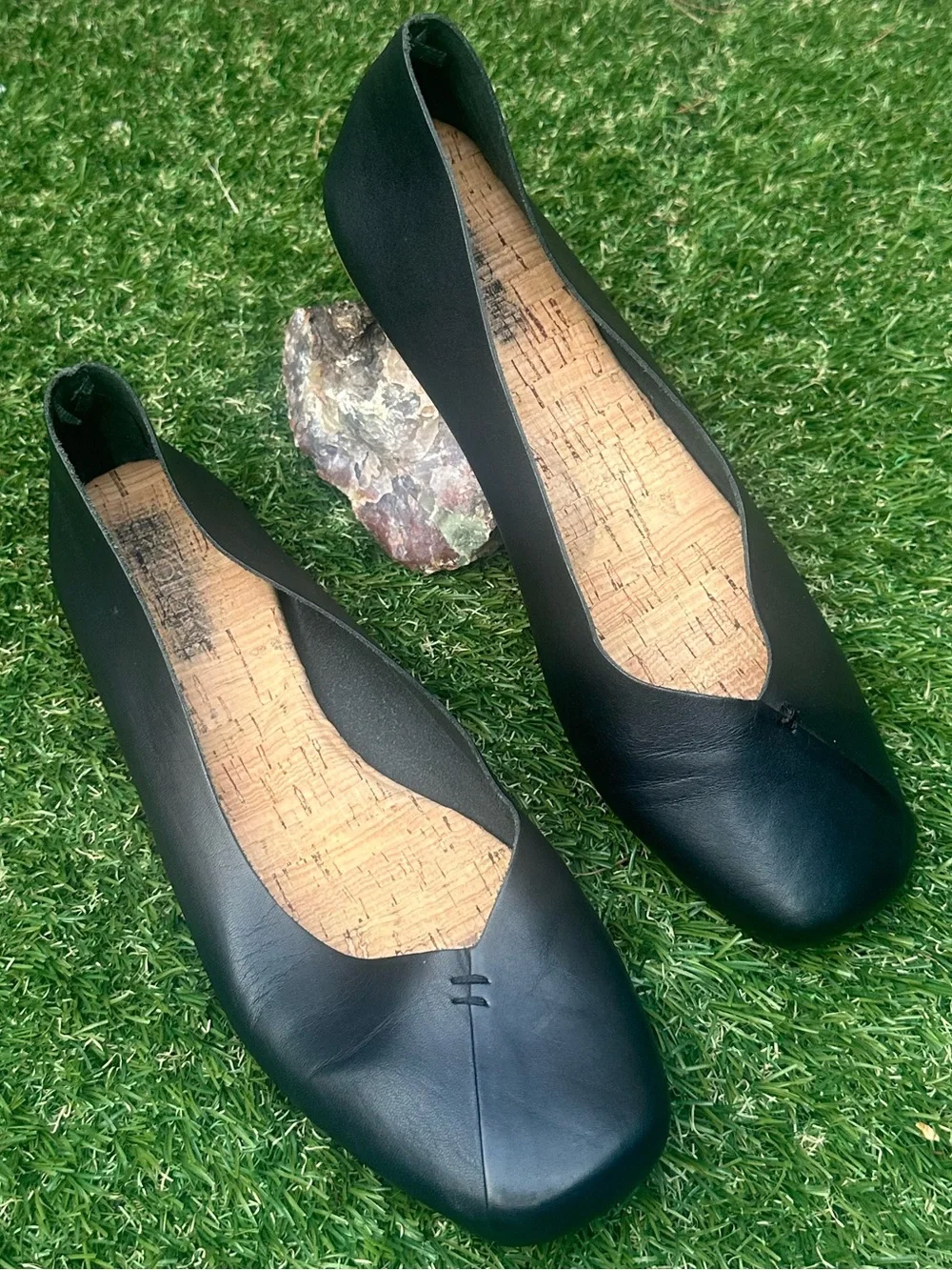 Kork-Ease Black Leather Square-Toe Ballet Flats